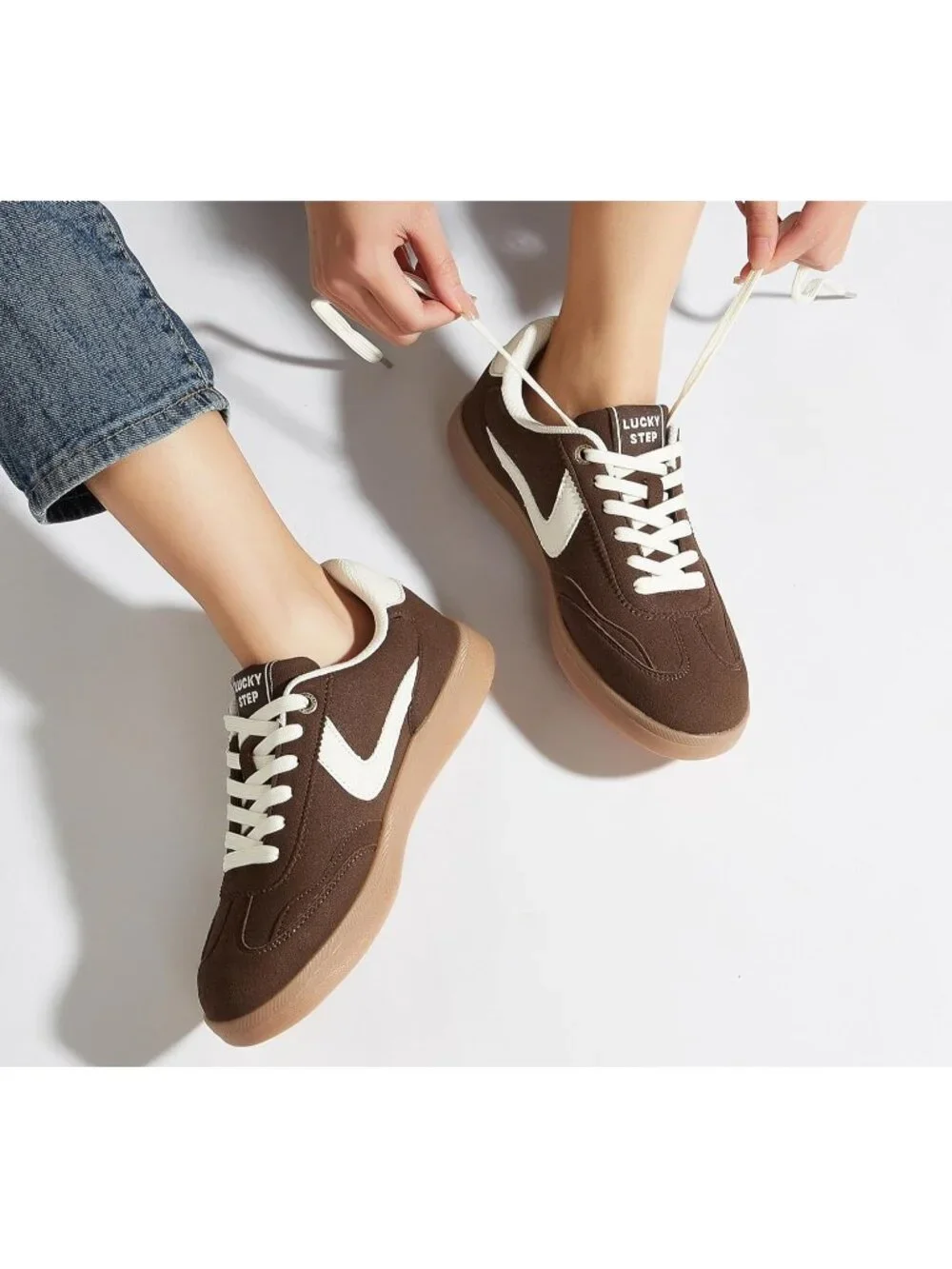 Women's Brown Classic Fashion Casual Skate No Slip Lace Up Walking Sneaker Shoes